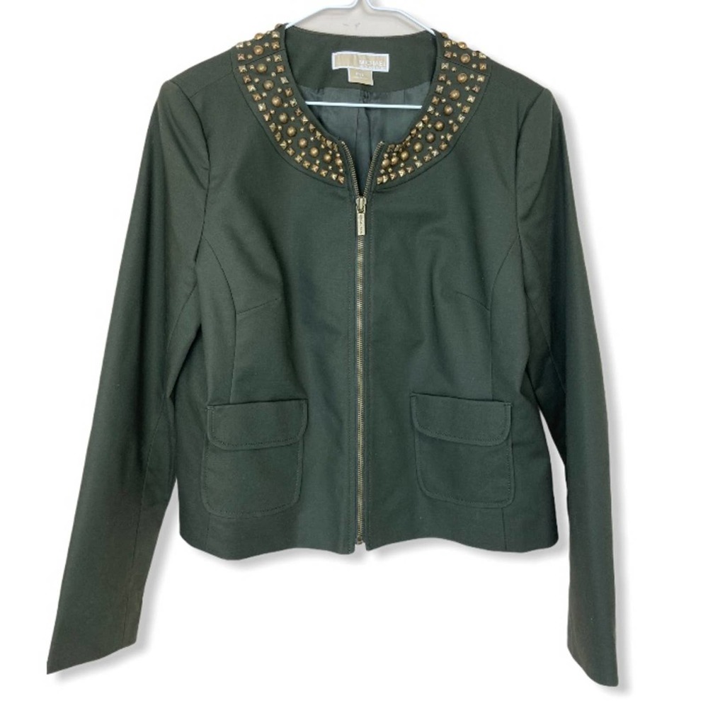 MICHAEL KORS Studded Mandarin Collar Moto Jacket Blazer Olive Green Petite Large